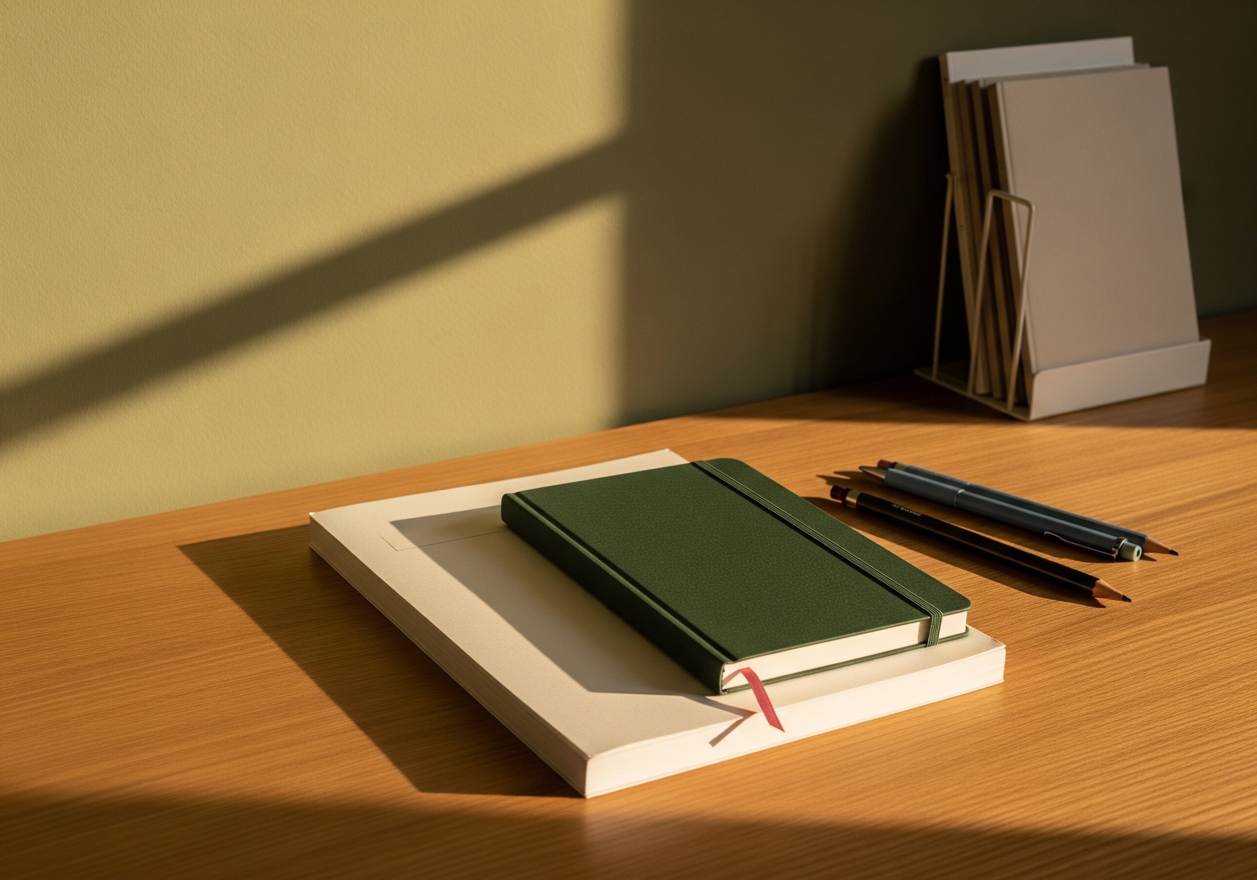 Cahier et crayons disposés sur un bureau.