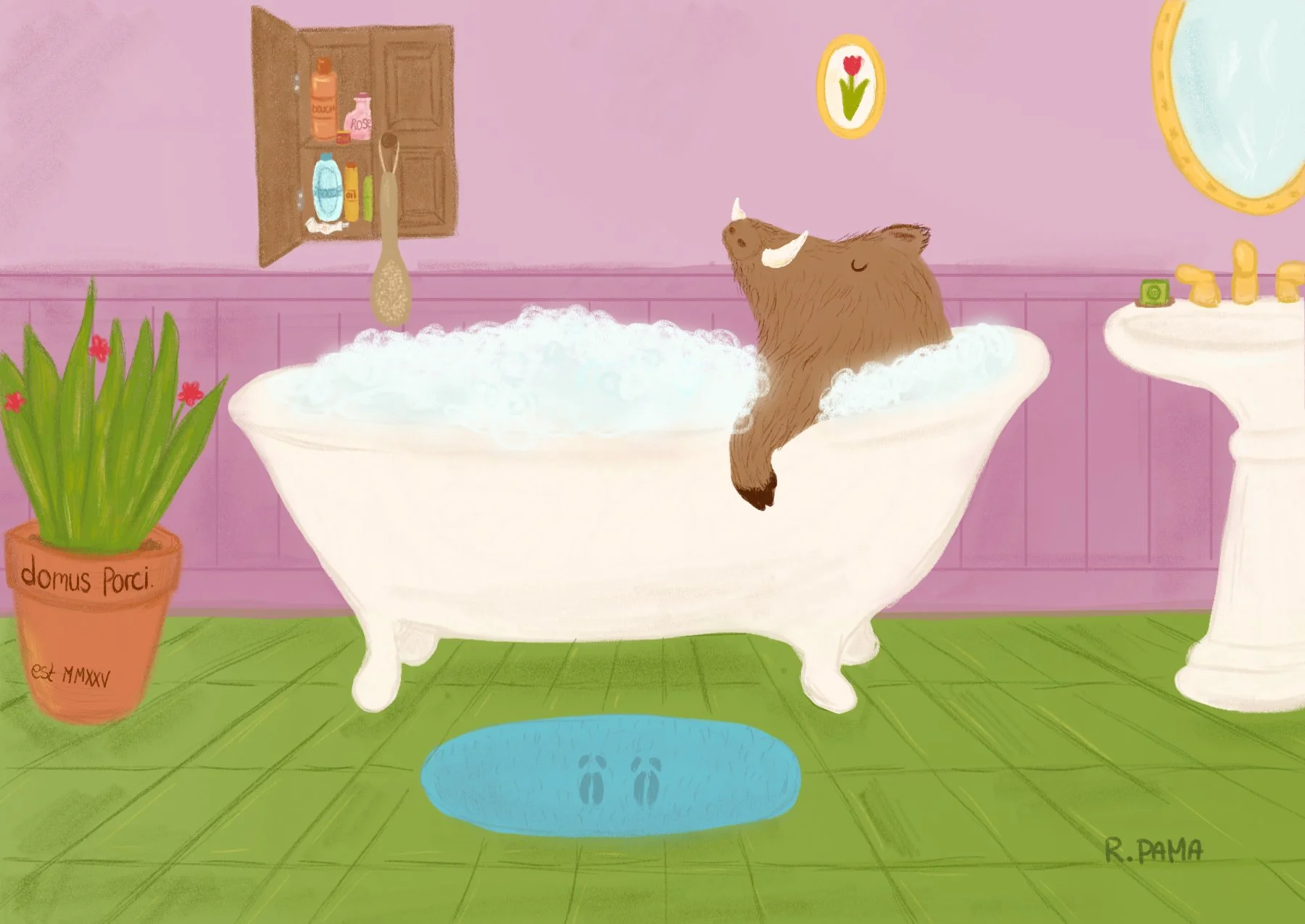 Cosy postcard showing a boar in a bathtub.