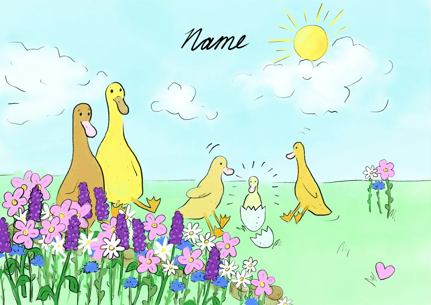 Birth card showing the family as little ducks.