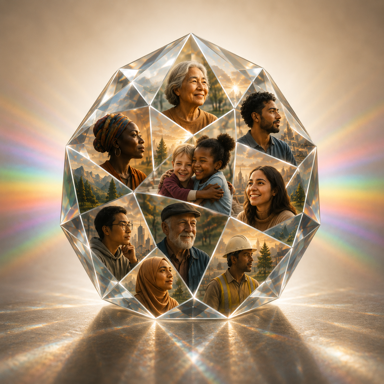 A multi-faceted diamond with images of diverse people, including children, elderly, and workers, reflecting themes of community, diversity, and unity, with a sunset background.