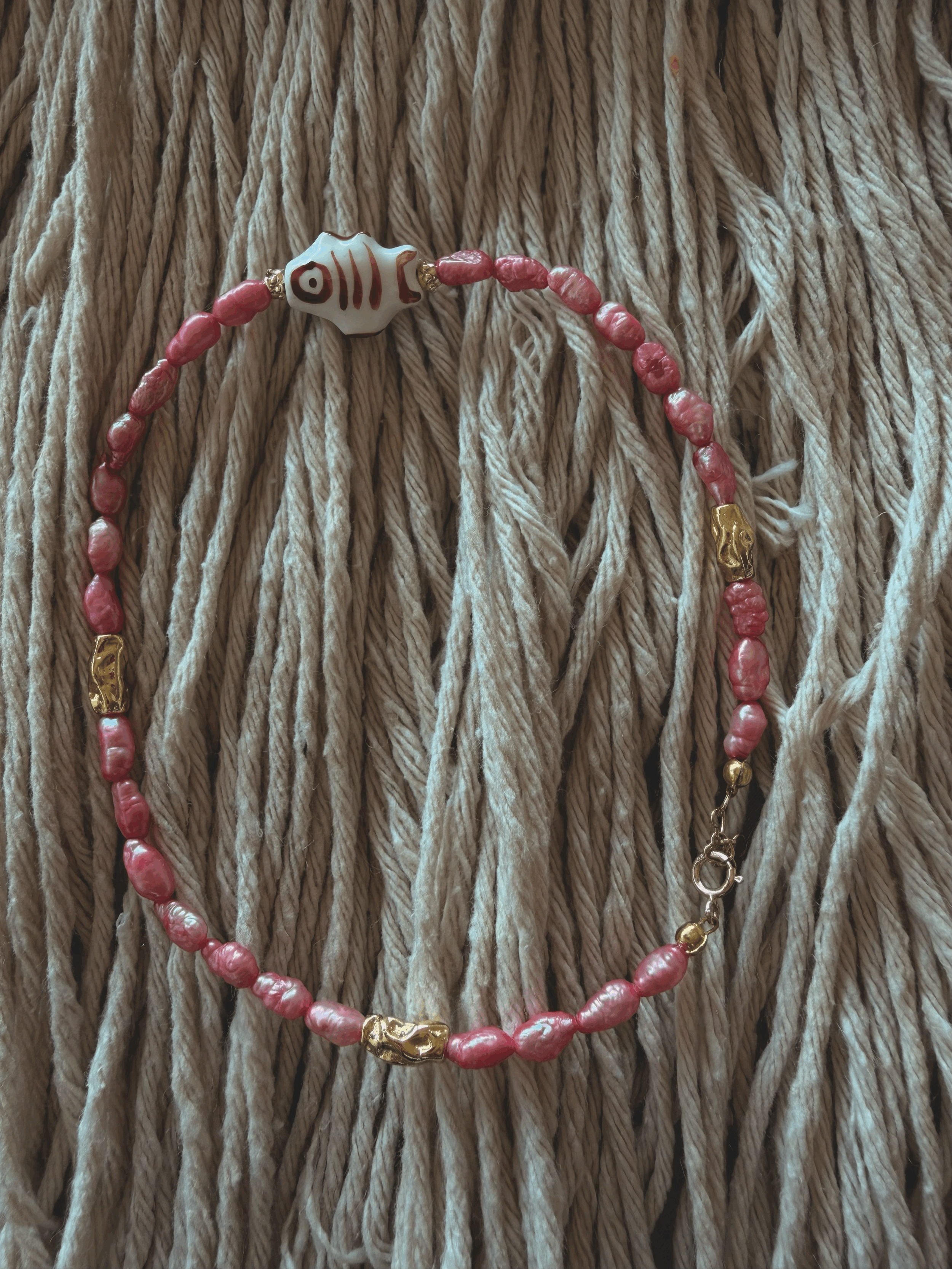 Pink Pearls & Ceramic Fish Ankle Bracelet