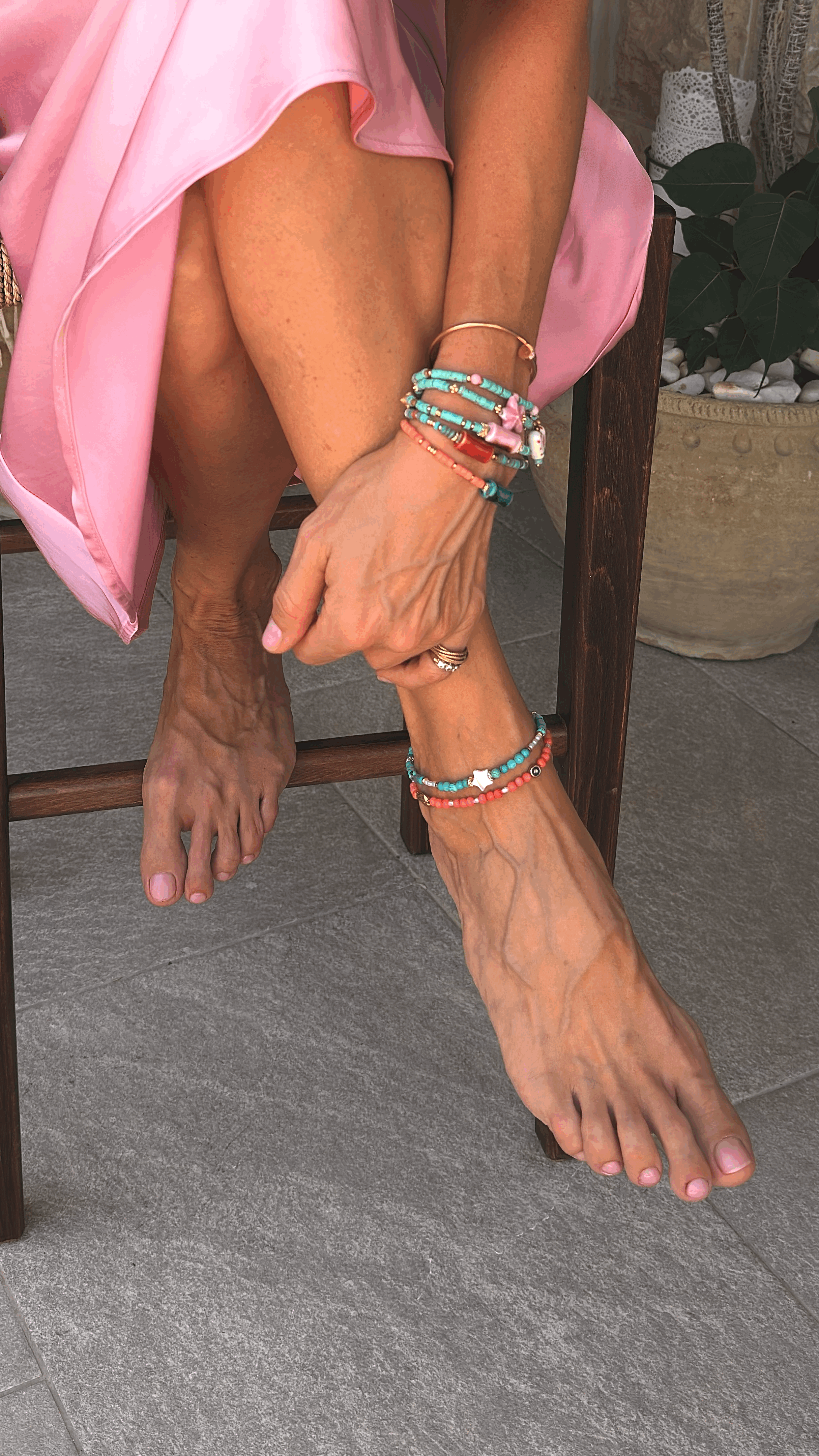 Coral Evil Eye & Golden  Fish Charm Ankle Bracelet
