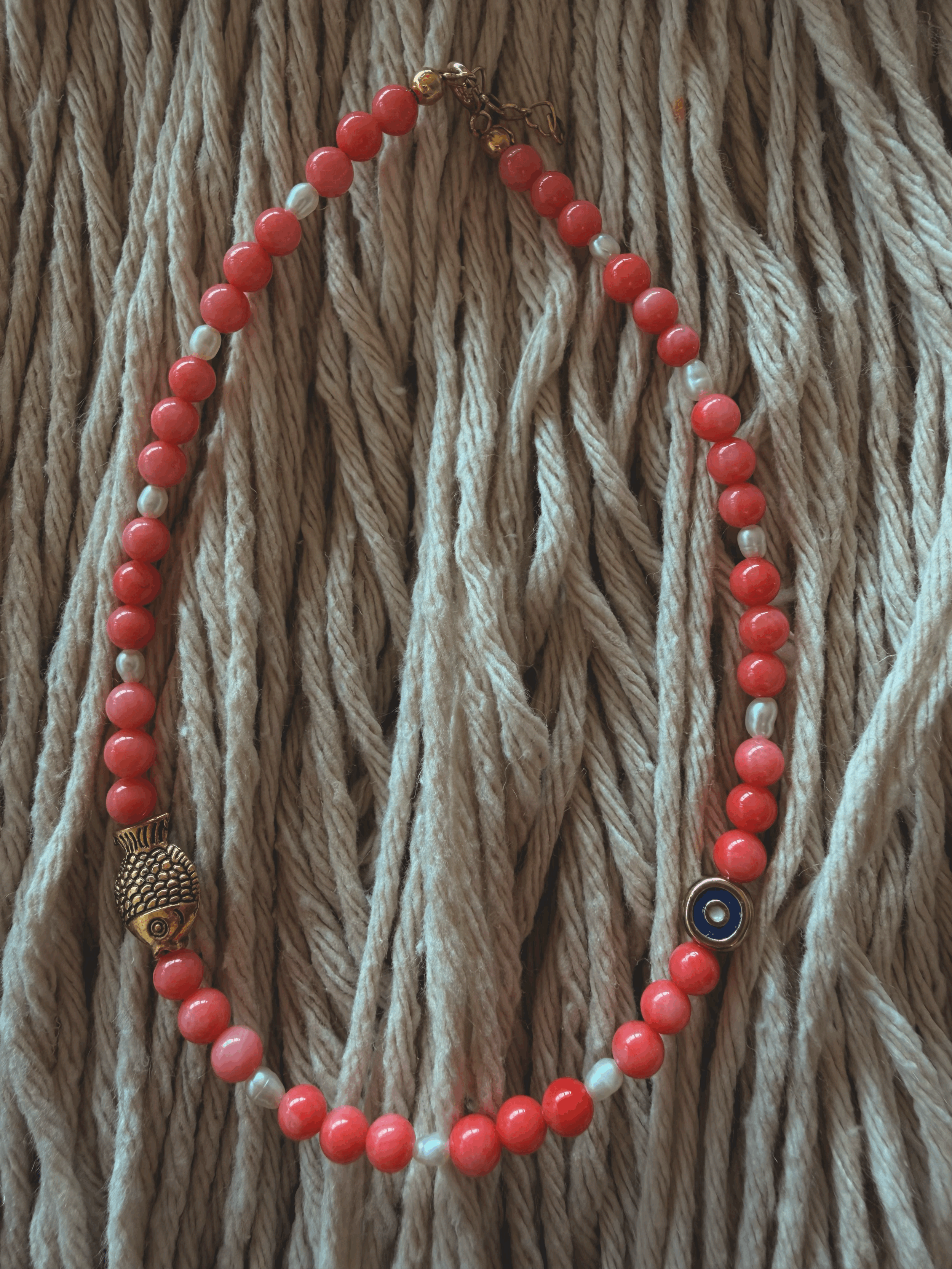 Coral Evil Eye & Golden  Fish Charm Ankle Bracelet
