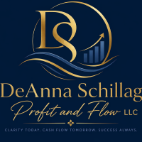 Logo for DeAnna Schillig Profit and Flow LLC, featuring initials 'DS' with a gold upward arrow and wave design, in gold and navy blue colors.