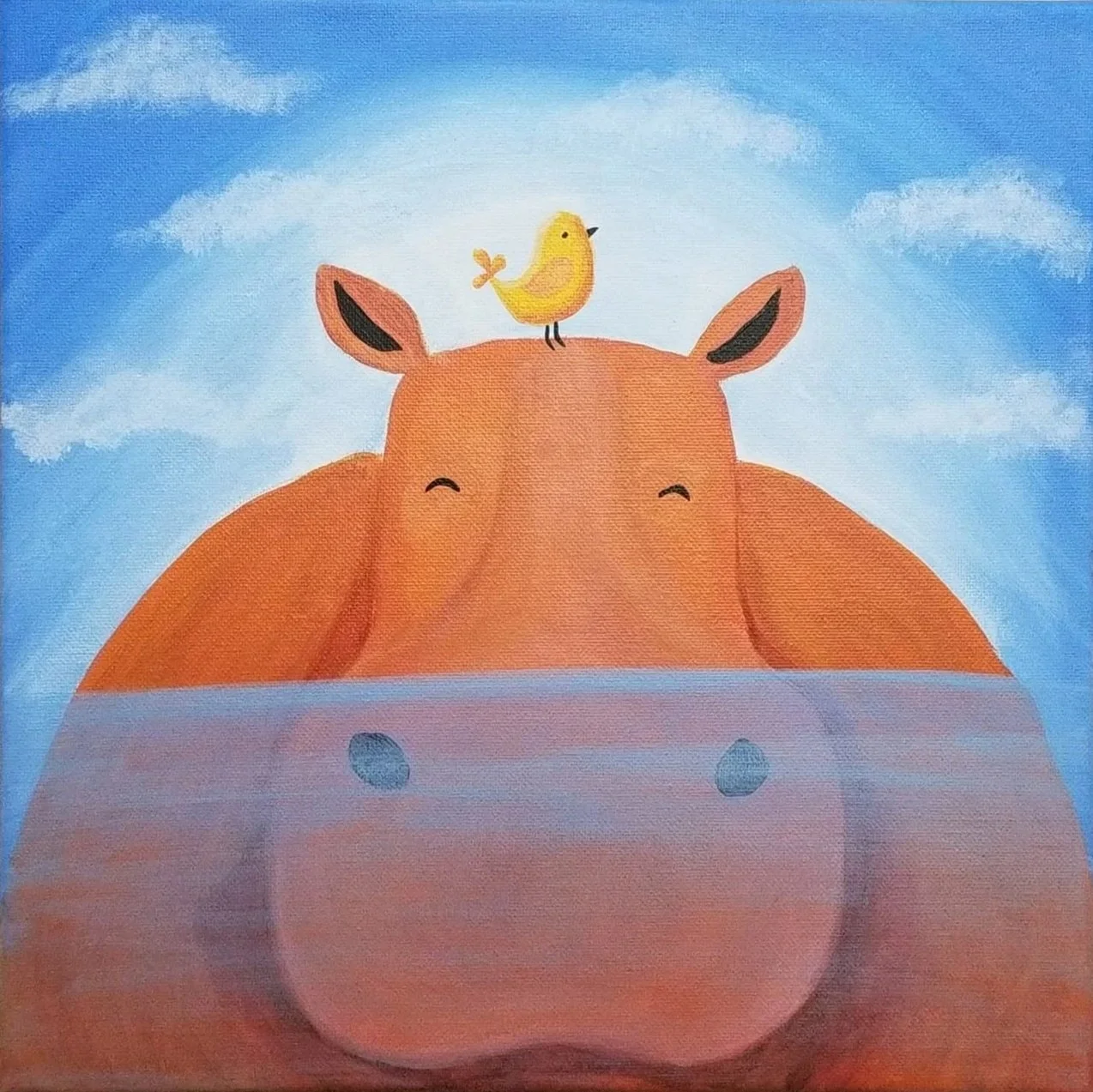 A cute cartoon-style painting of a hippopotamus with eyes closed, a small yellow bird standing on its head, set against a bright blue sky with some clouds.