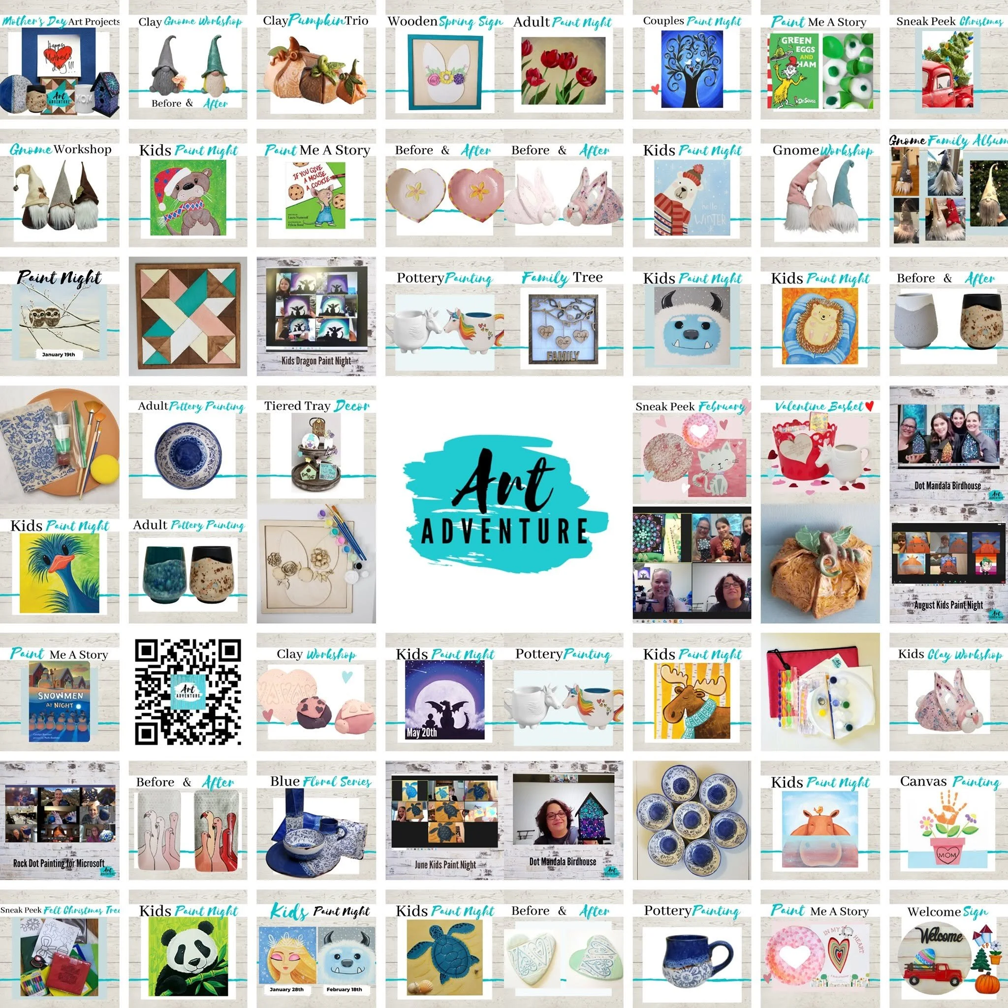 A collage of various arts and crafts projects, including clay gnome figures, painted signs, ceramic pottery, gnome-themed decorations, Easter and spring-themed crafts, and photos of children and families participating in art activities.