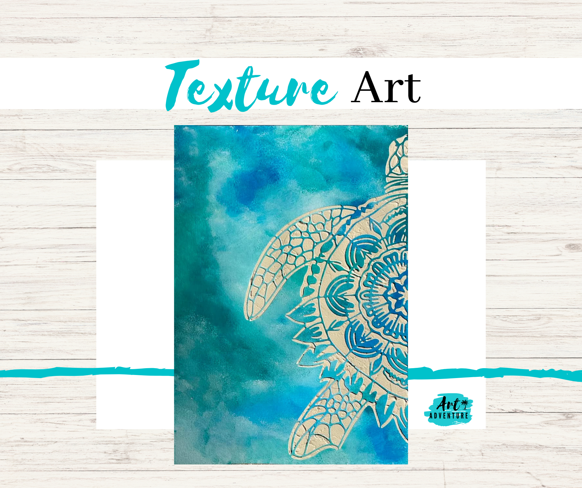 Book cover titled "Texture Art" with a teal watercolor background and a gold laser-cut floral design, placed on a whitewashed wooden surface.