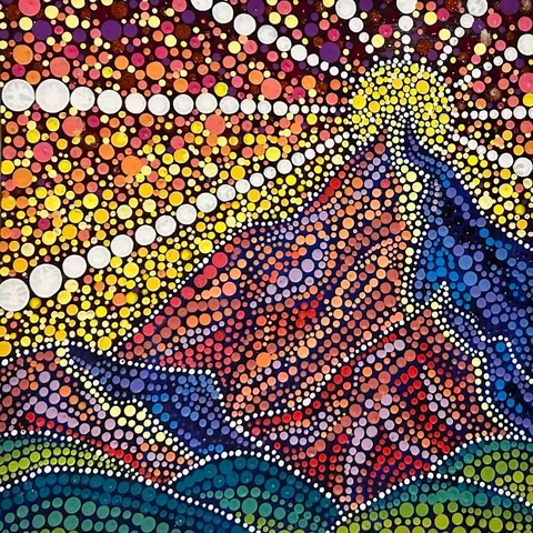 Pointillist painting of a mountain with a sun or star shining above, surrounded by colorful, stylized hills.