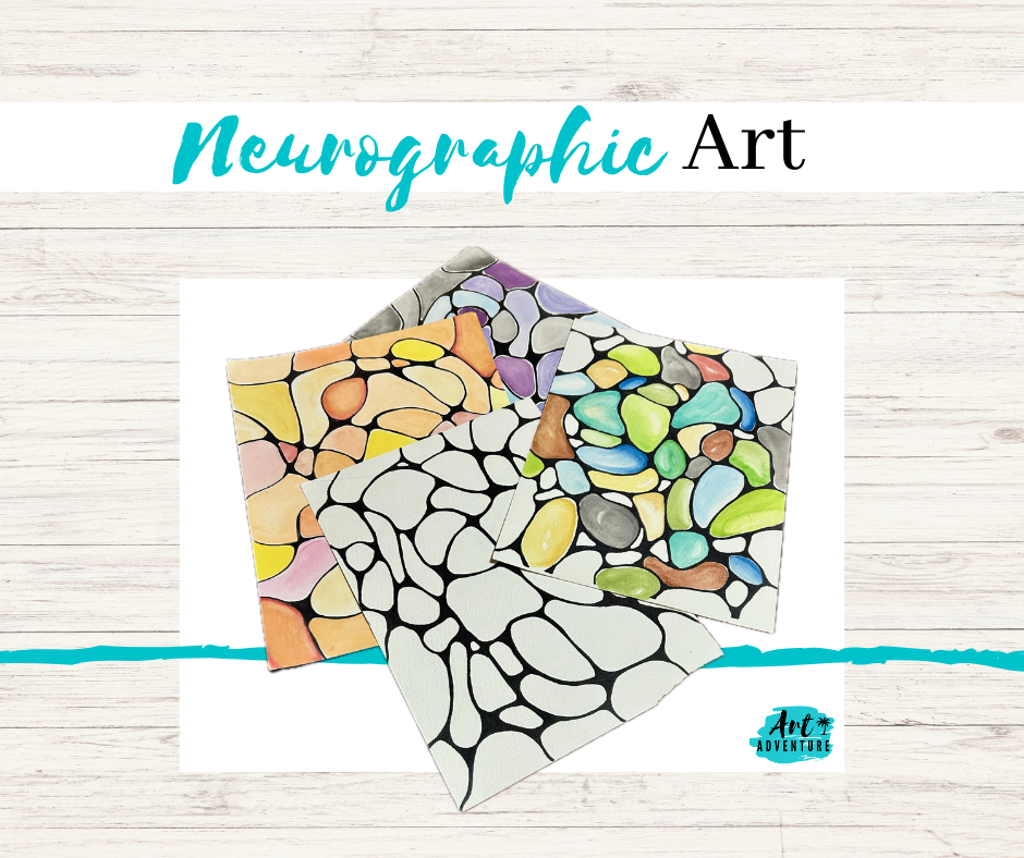 Three pieces of neurographic art with abstract pebble-like patterns in various colorful shades, set against a white background with a wooden textured border.