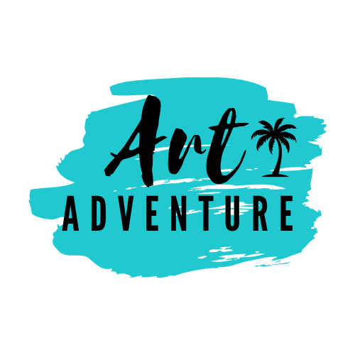 Graphic with the words 'Art Adventure' on a blue paint splash background, featuring a small palm tree illustration.