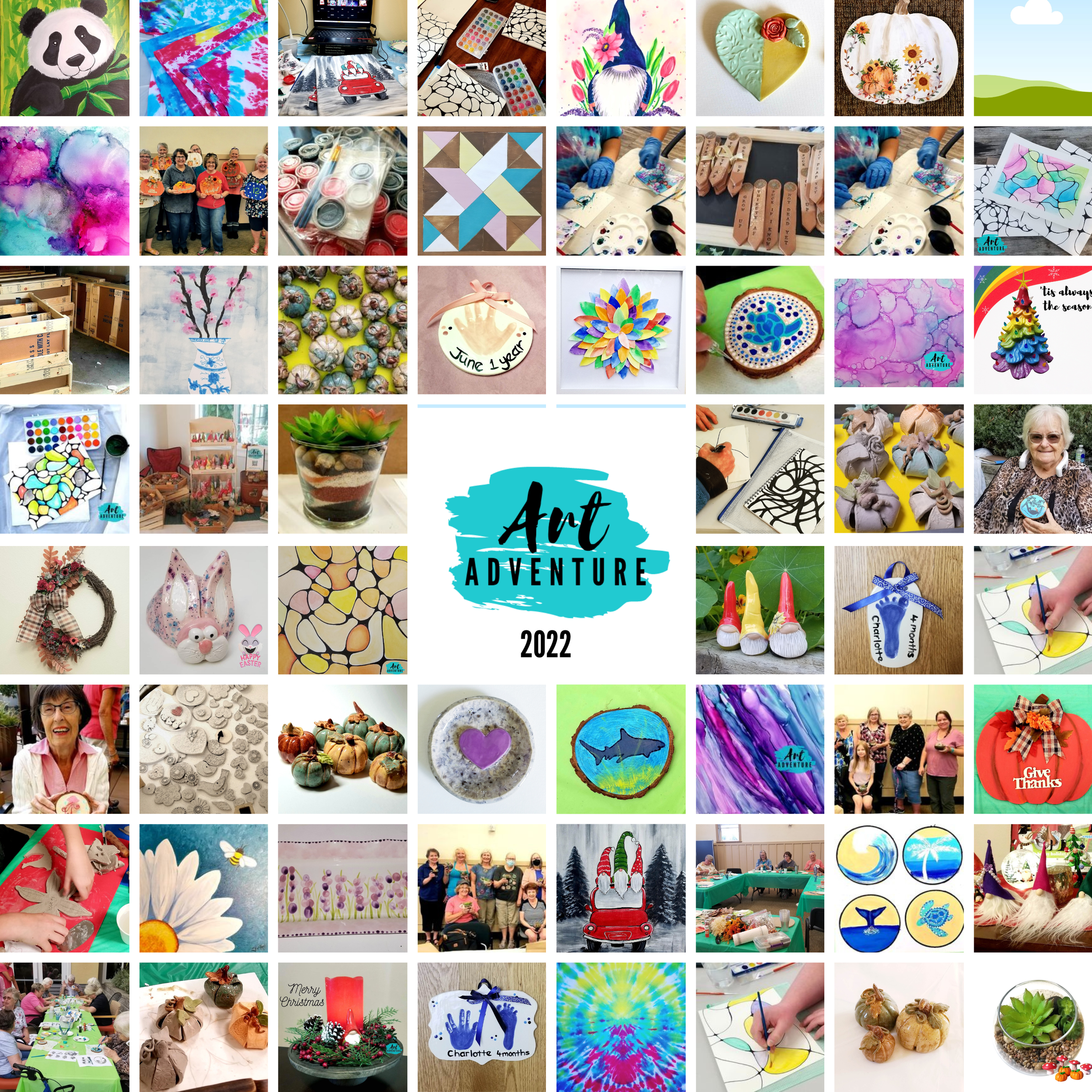 Collage of art projects, crafting activities, group photos, and handcrafted decorations from an art event in 2022.