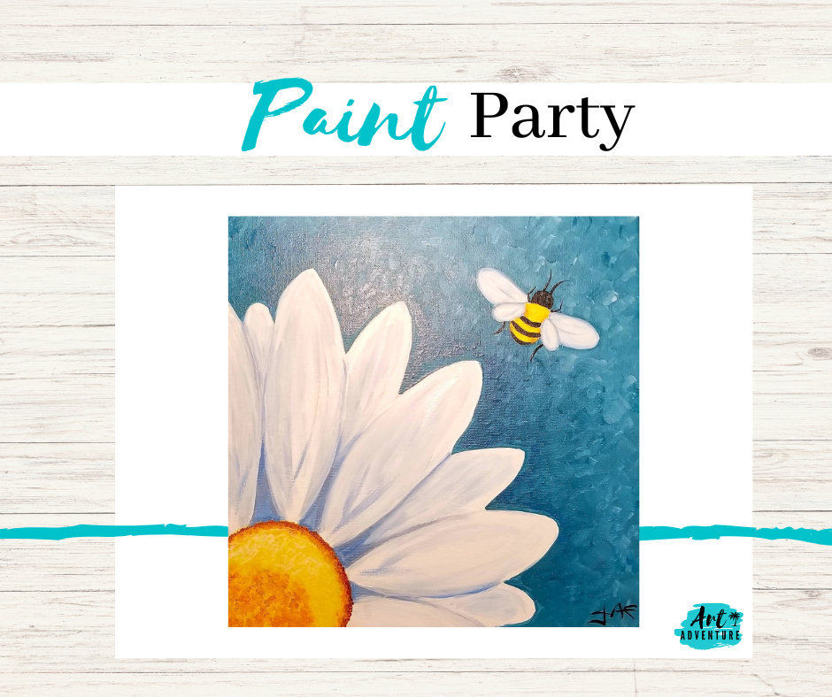 A painting of a white daisy with a yellow center and a bee flying near its petals, on a blue background.