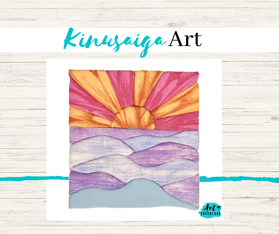Colorful Kinuwaiga art depicting a stylized sunset over rolling waves with a white wooden background.