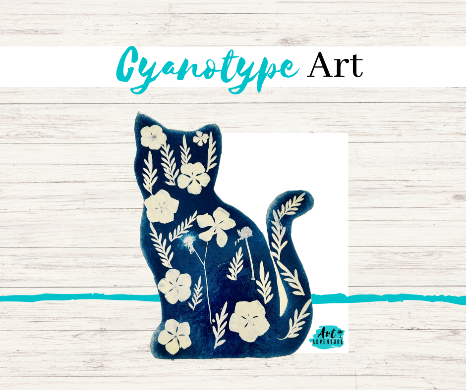 A decorative image featuring a cat silhouette filled with white floral patterns, with the words 'Gyanotype Art' above it and a small 'Art Adventure' logo at the bottom.