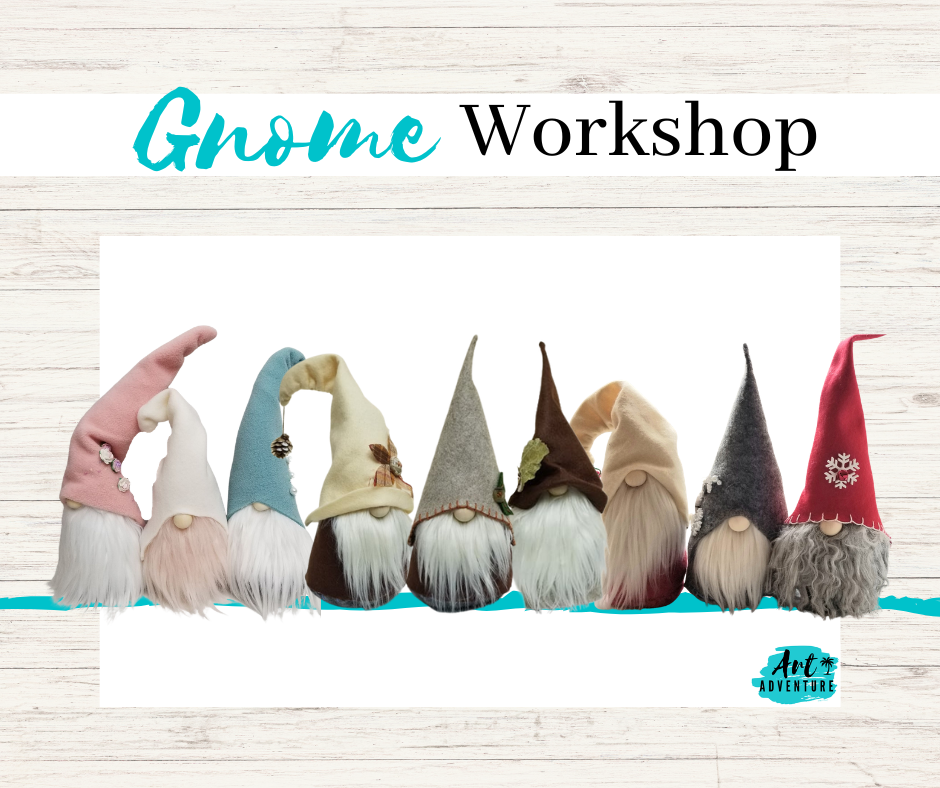 Image of a sign reading 'Gnome Workshop' with eight decorative gnomes wearing colorful hats and long beards in front of a white wooden background.