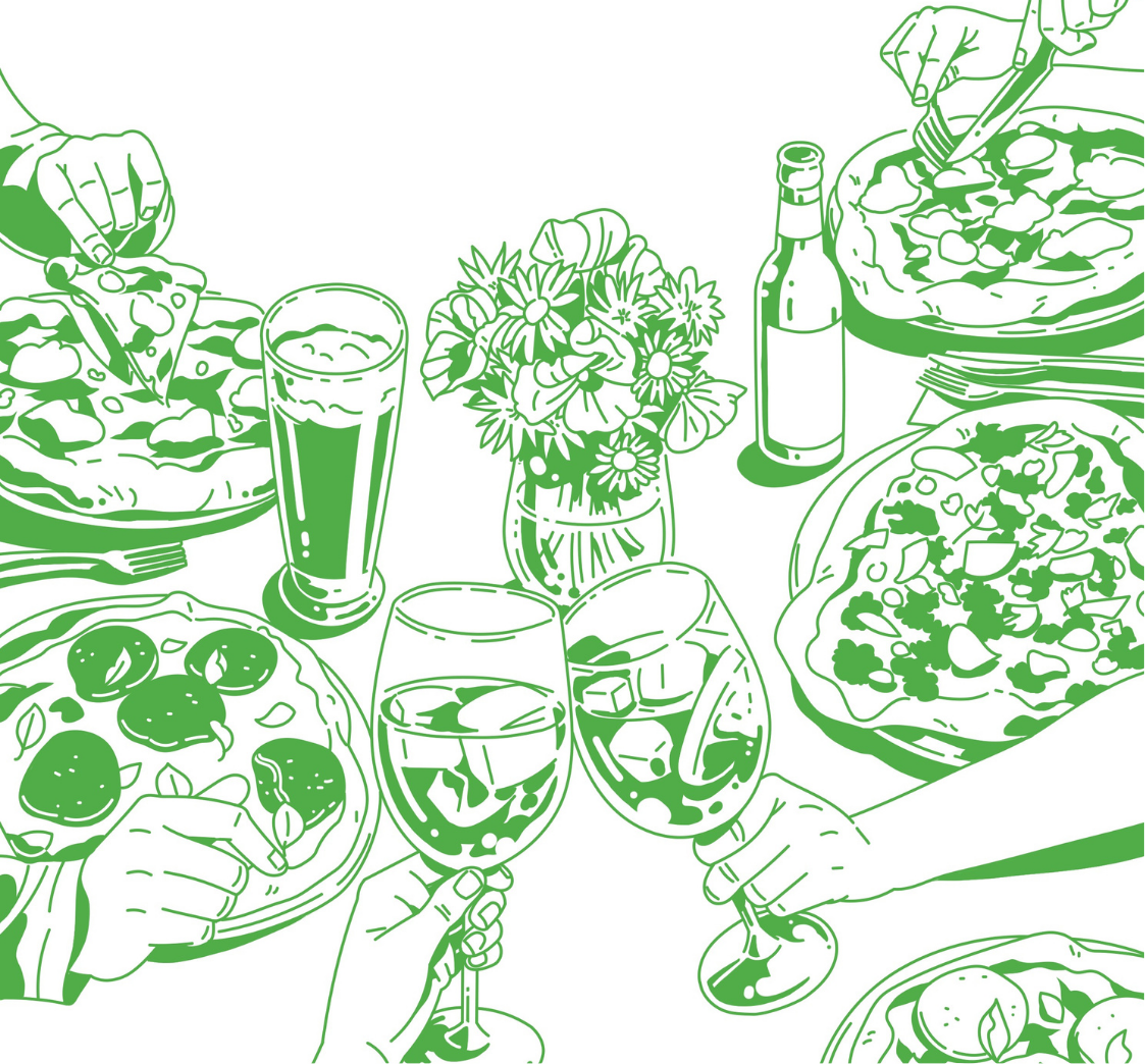 Strahlende Gäste feiern mit Pizza, Steaks, Getränken und Blumen im Hintergrund bei einem Zusammenkommen.