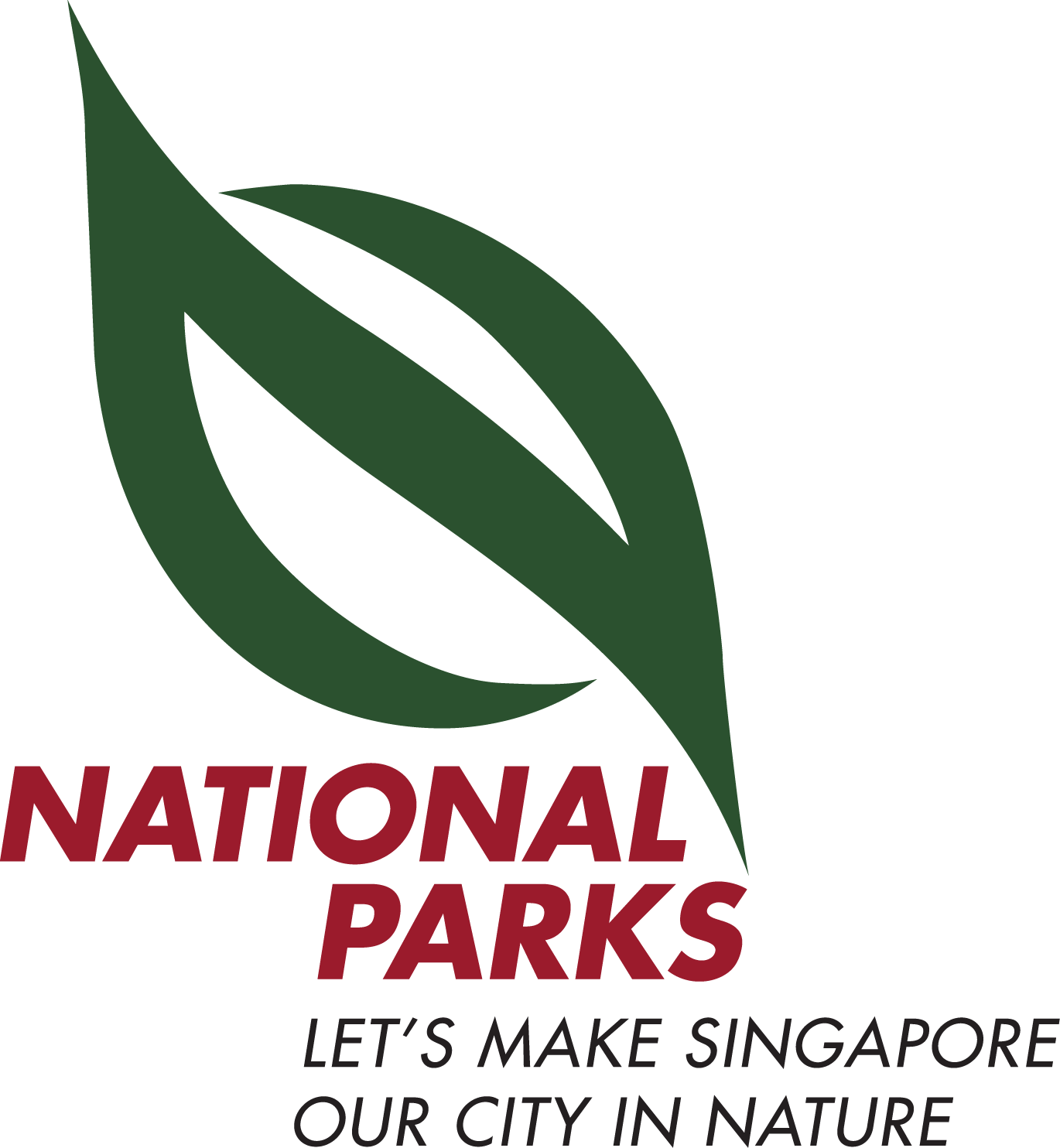 Logo of the Singapore National Parks with a stylized green leaf and red text, including the slogan 'Let's make Singapore our city in nature.'