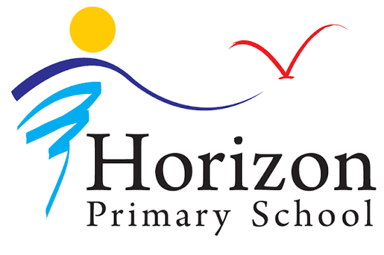 Horizon Primary School logo featuring a yellow sun, a blue and black stylized figure, and red curved lines, with the school name in black text.