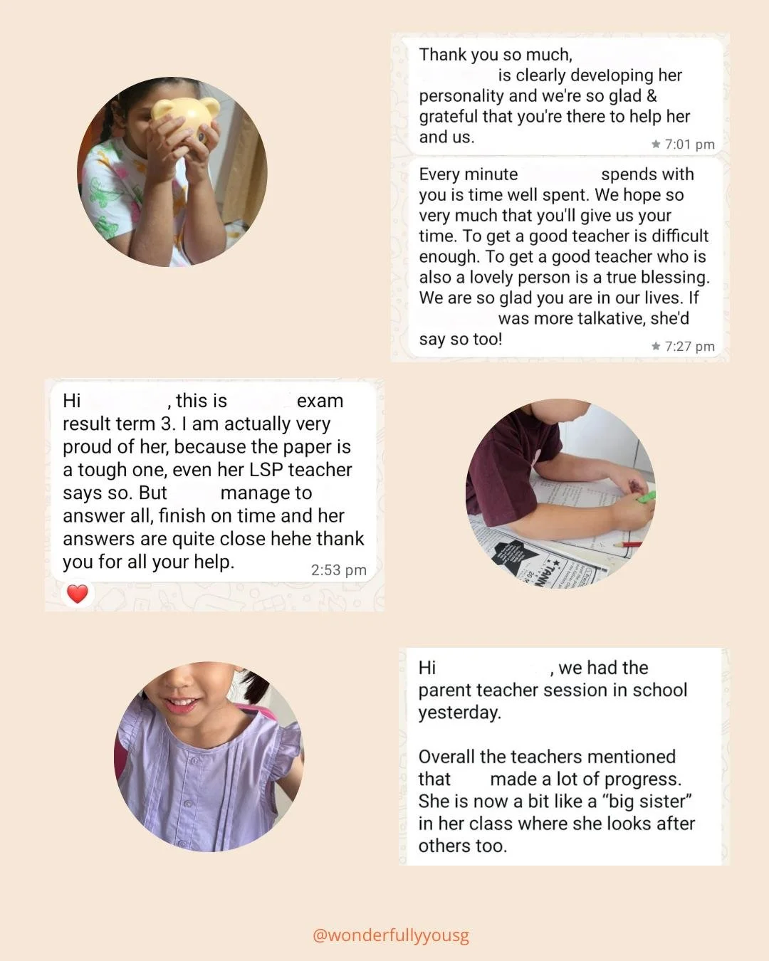 A collage of three children and three text message conversations sharing positive feedback about teachers and students, with one girl drinking from a yellow cup, another girl smiling, and a boy writing at a desk.