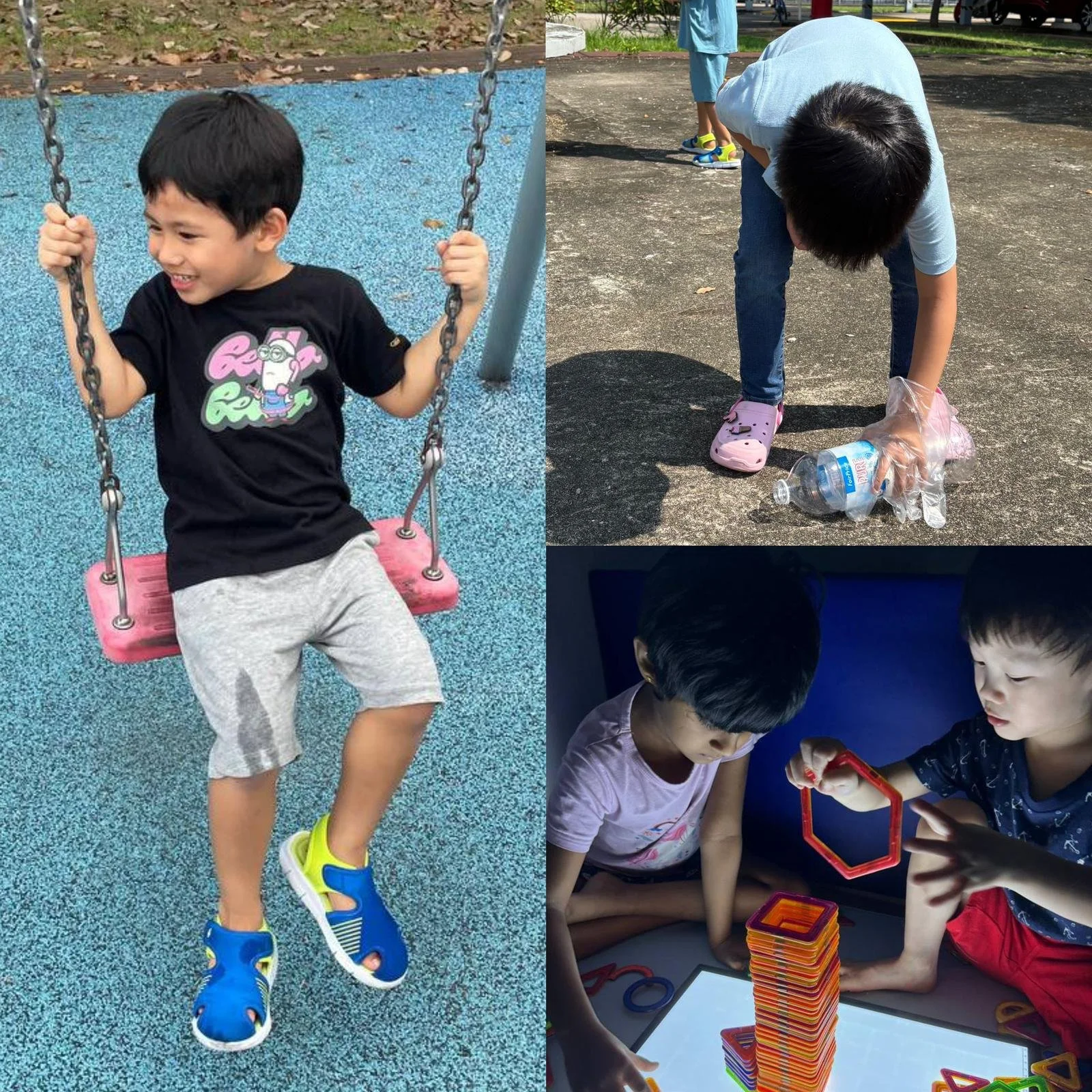 Collage of children playing: one boy on a swing smiling, another boy picking up a water bottle on the ground, two children building with magnetic tiles at a table.