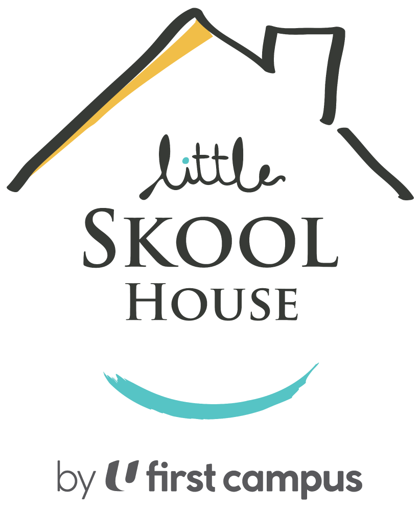 Logo for Little Skool House by First Campus featuring a stylized house outline, the name 'Little Skool House', and a curved blue line resembling a smile.