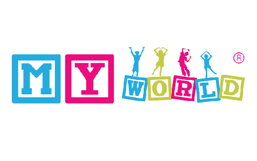 Colorful blocks spelling 'MY WORLD' with silhouettes of children jumping, dancing, and playing above the blocks.