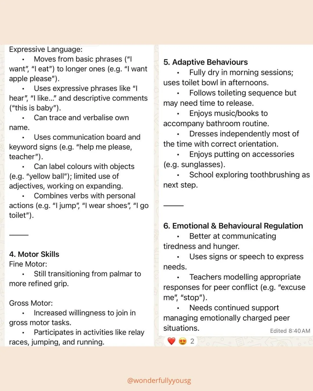 A screenshot of a text document discussing child development and behavior management strategies, including sections on expressive language, motor skills, adaptive behaviors, and emotional regulation.