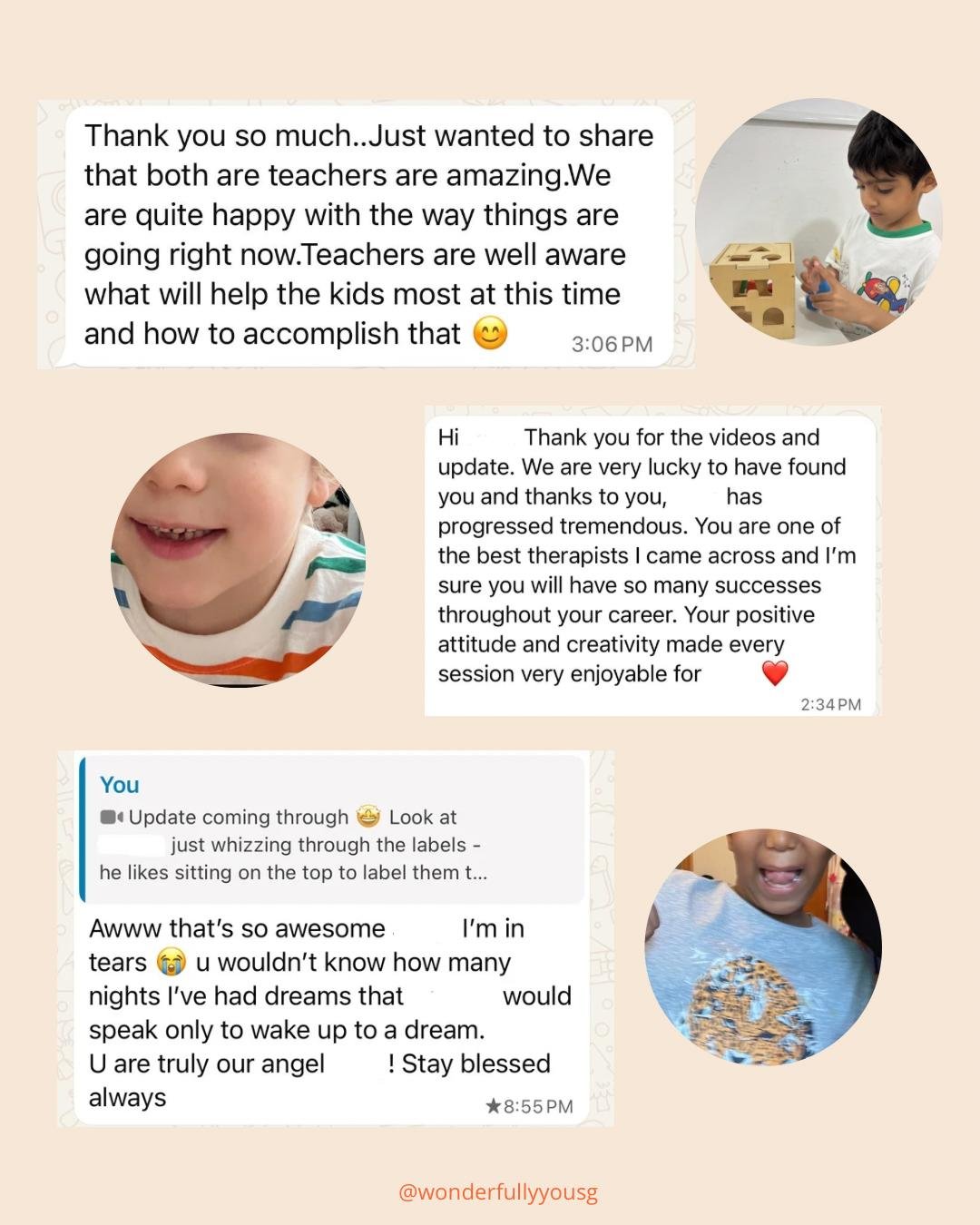 Screenshot of a messaging conversation with images of children. The messages express gratitude and appreciation for teachers, videos, and progress in therapy. The children are smiling and engaging with toys or showing their smiles.
