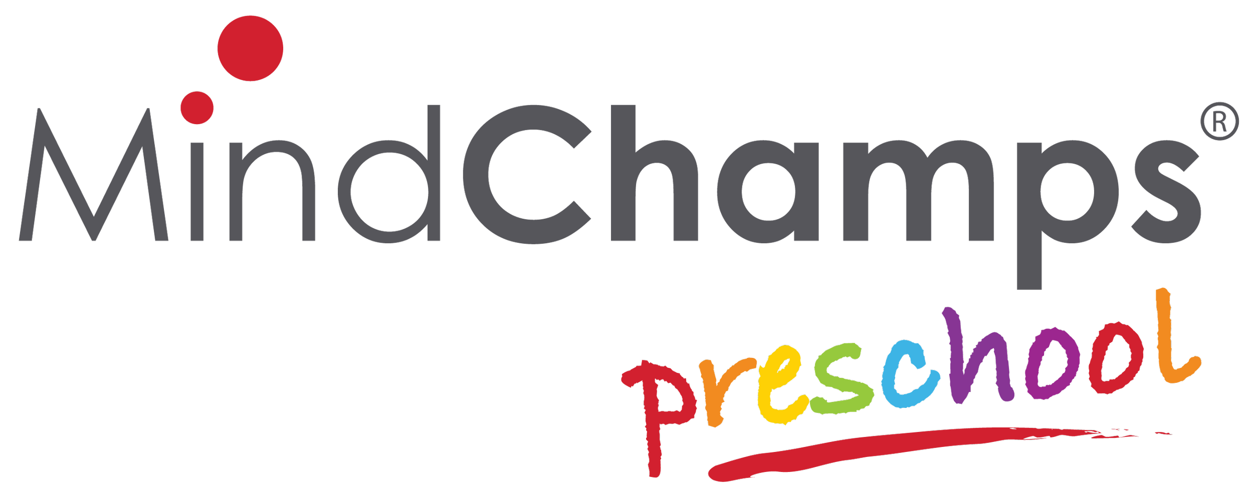 Image of the logo for MindChamps Preschool, with the word 'Preschool' written in rainbow-colored letters underneath the black text.
