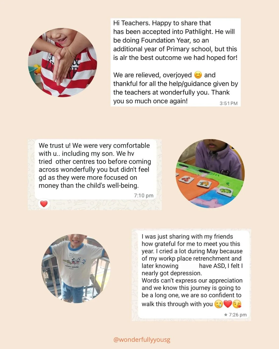Screenshot of WhatsApp messages with photos of children, including one of a boy in a white Mickey Mouse shirt and another of a child in a purple shirt with educational flashcards. Conversation expresses gratitude for support and progress in a special education context.