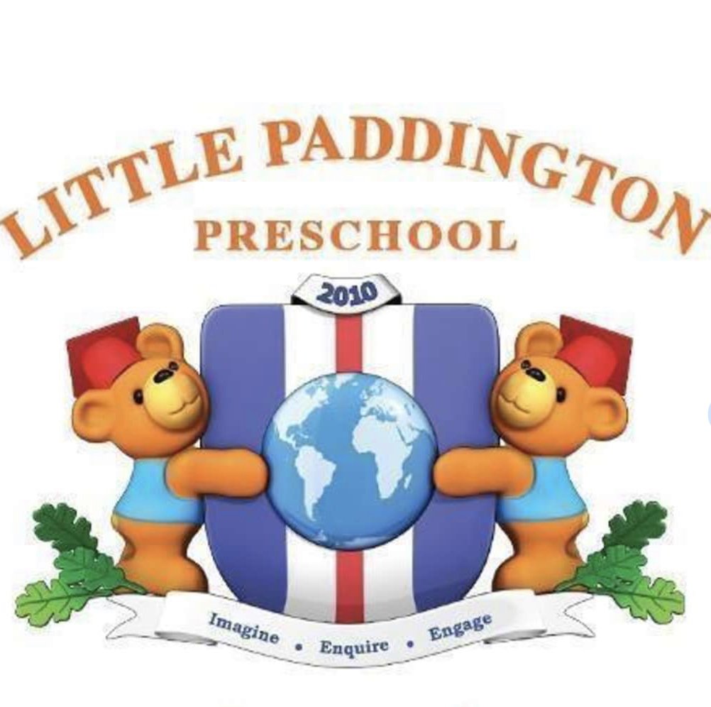 Logo for Little Paddington Preschool featuring two cartoon bears with red hats and blue shirts holding a globe, a shield with the year 2010, and a banner with the words 'Imagine,' 'Enquire,' and 'Engage.'