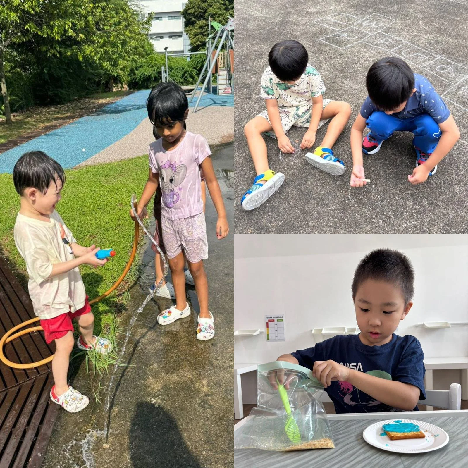 Collage of four children engaged in different activities indoors and outdoors.