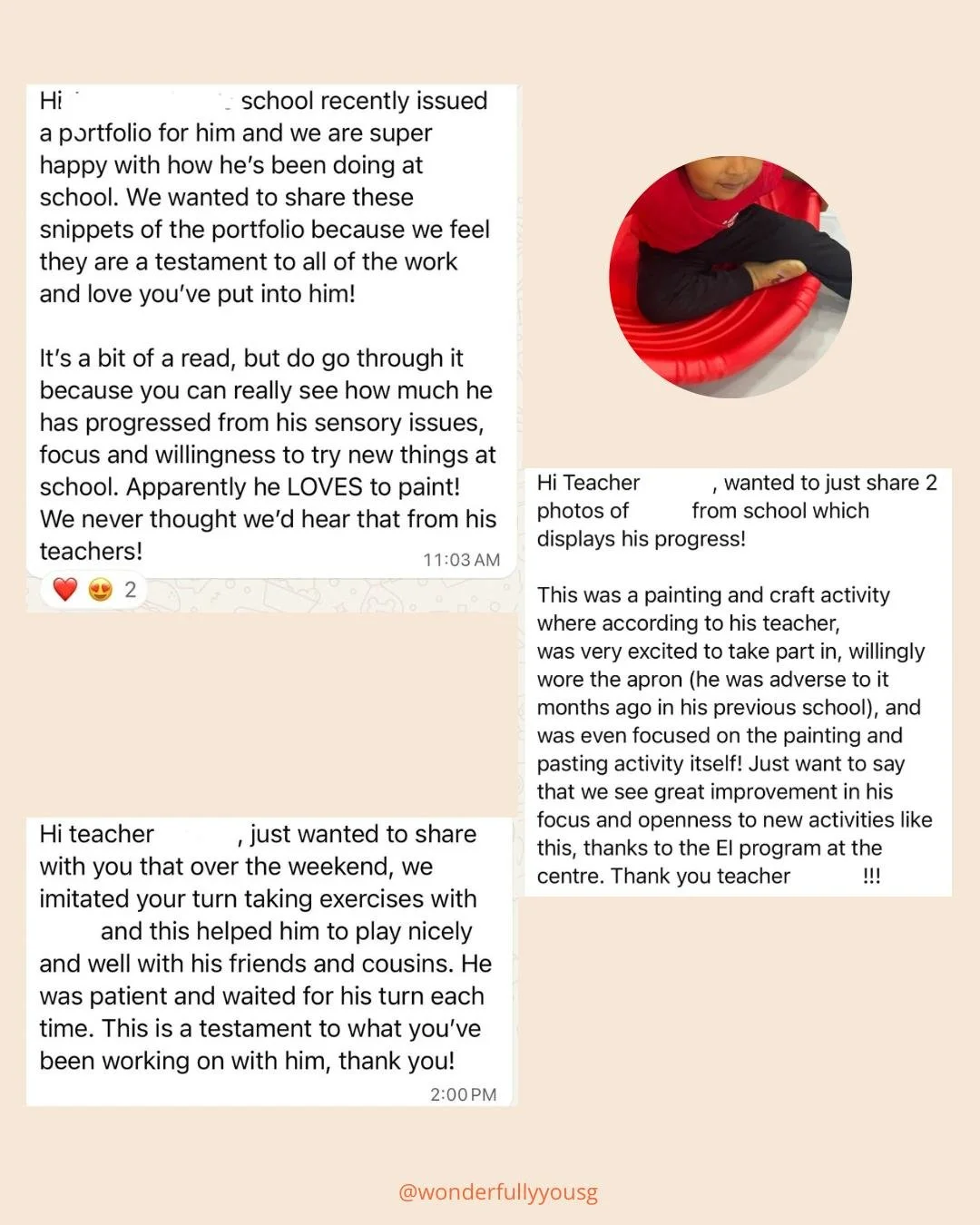 Screenshots of three messages sharing a child's progress in school activities, including painting and a portfolio, with one photo of a child in a red shirt and black pants sitting on a red circular chair, and handwritten messages expressing pride and gratitude for the teachers.
