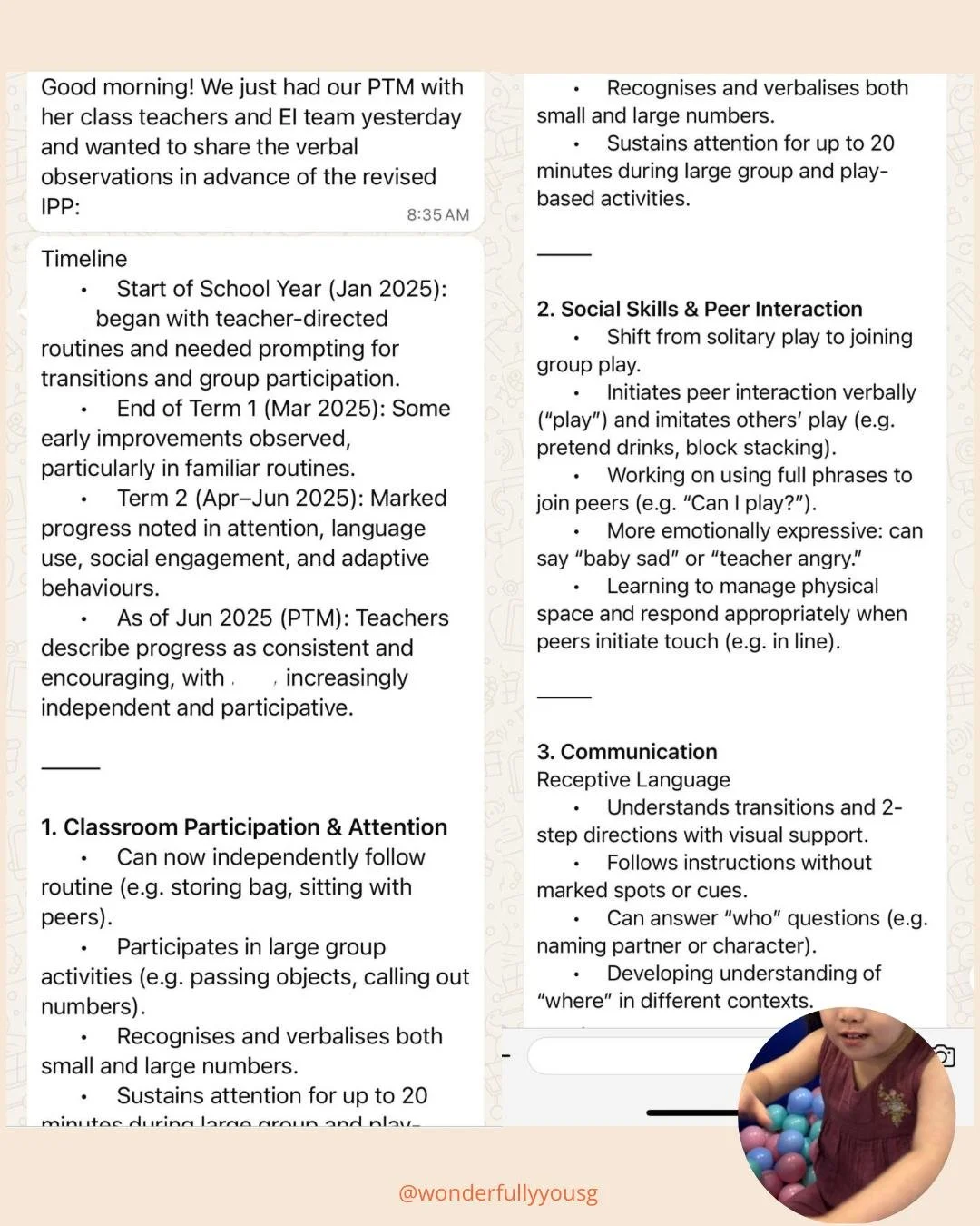 A screenshot of a detailed document or notes about early childhood education, including sections on classroom participation, social skills, peer interaction, and communication. There is a small circular photo of a young girl in the bottom right corner, playing with colorful plastic balls.