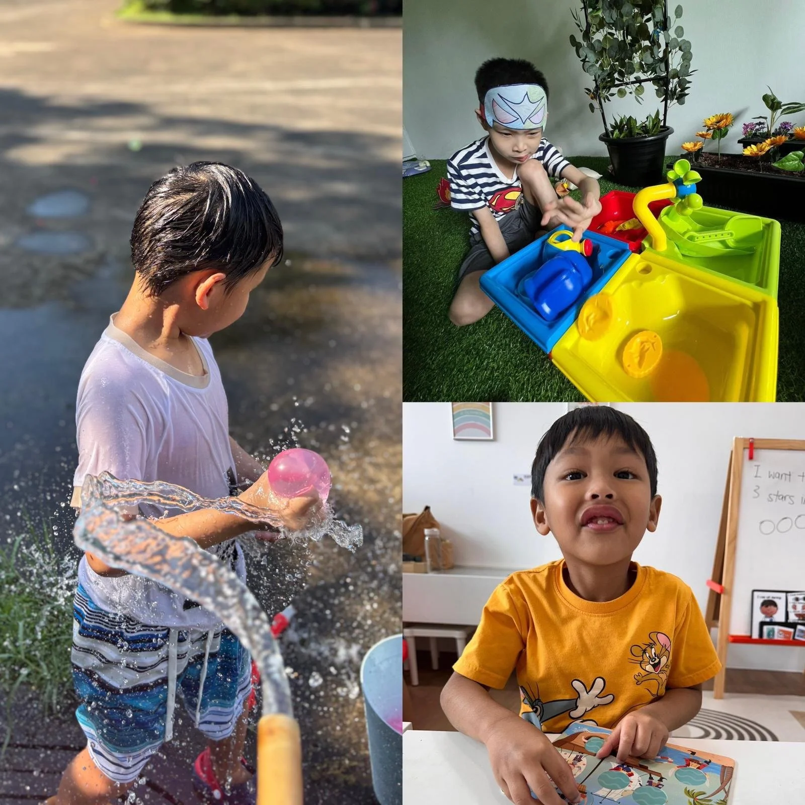 Collage featuring children: One child playing with water outdoors, another playing with toy water station indoors, and a third child sitting at a table with a puzzle.