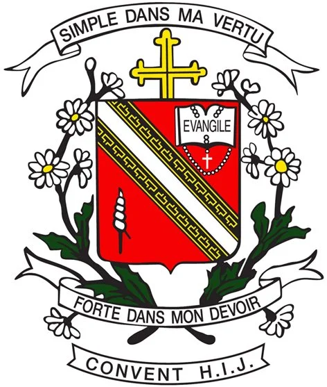 A heraldic coat of arms with a gold cross at the top, a red shield in the center with a white book labeled 'Evangile' and a red heart with a cross, a black diagonal stripe with a gold Greek key pattern, and a white candle. Surrounding the shield are white flowers with green leaves and black branches. A banner above reads 'Simple dans ma vertu,' and below it says 'Forte dans mon devoir,' with 'Convent H.I.J.' at the bottom.