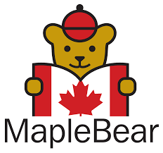 Cartoon bear holding a maple leaf-shaped flag with a red hat and the text 'MapleBear' underneath.