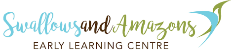 Swallows and Amazons Early Learning Centre logo with blue, brown, and green text and a stylized blue and green swoosh