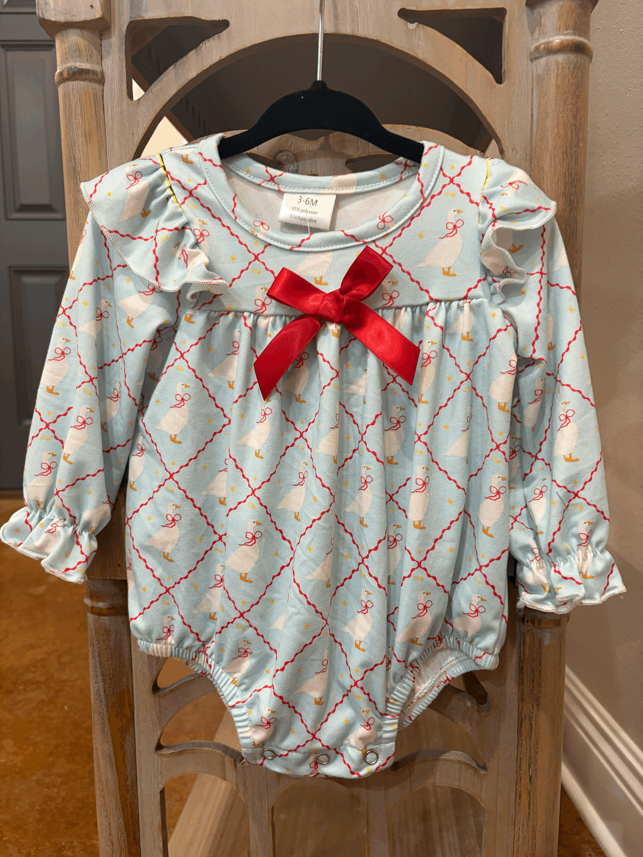 Goose & Ribbon Print Ruffled Long-Sleeve Romper