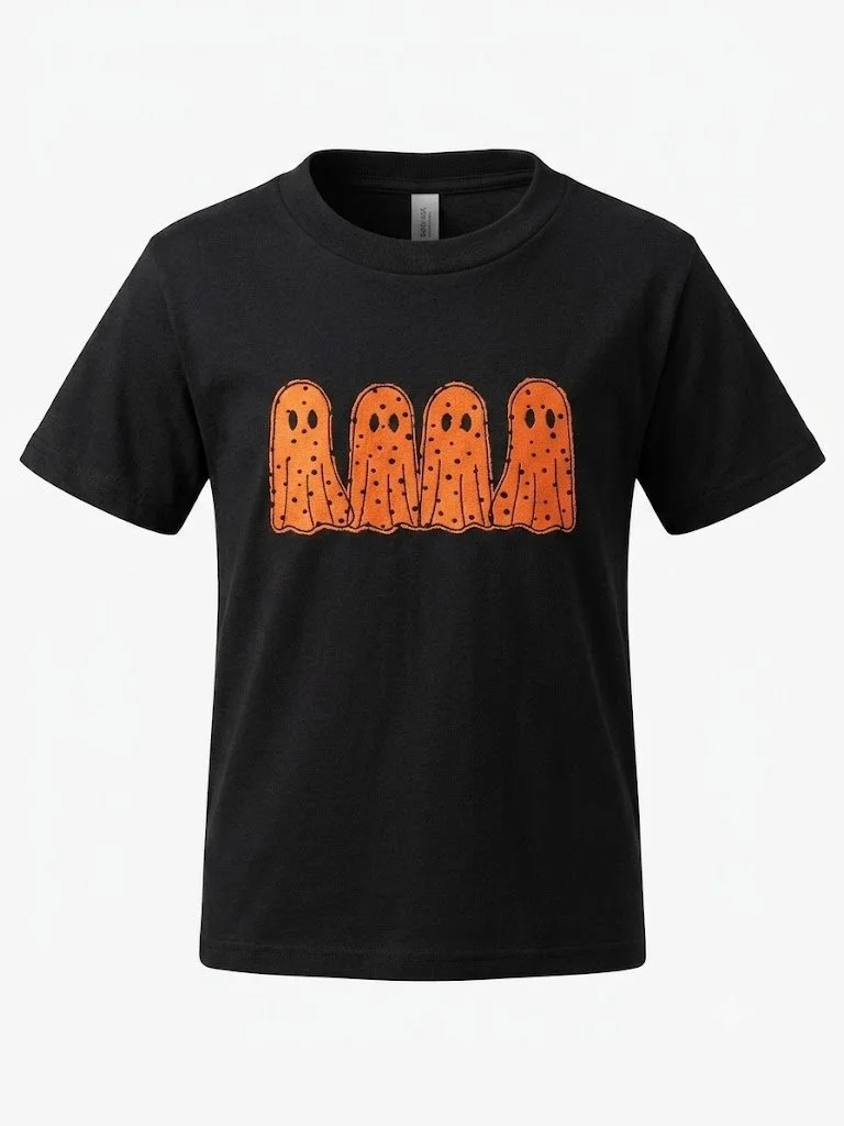Black T- Shirt with Orange & Black Polka Dot Ghost Applique