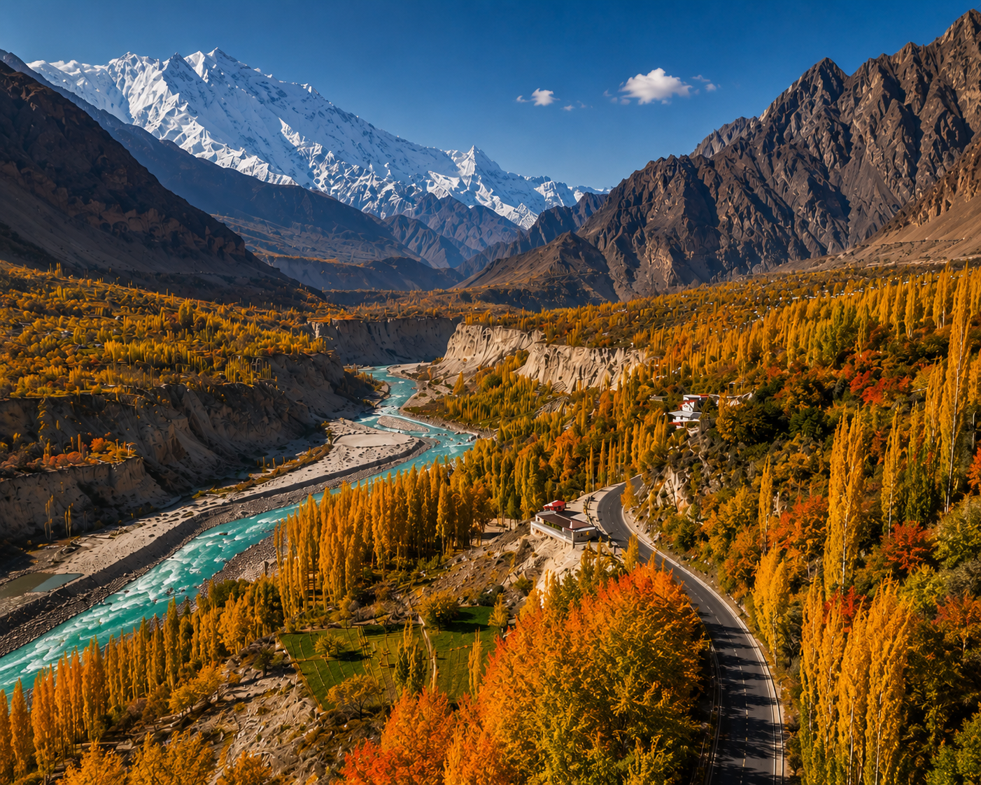 Scenic view of a winding road through an autumnal valley with a river, surrounded by yellow and orange trees, with snow-capped mountains in the background under a blue sky.