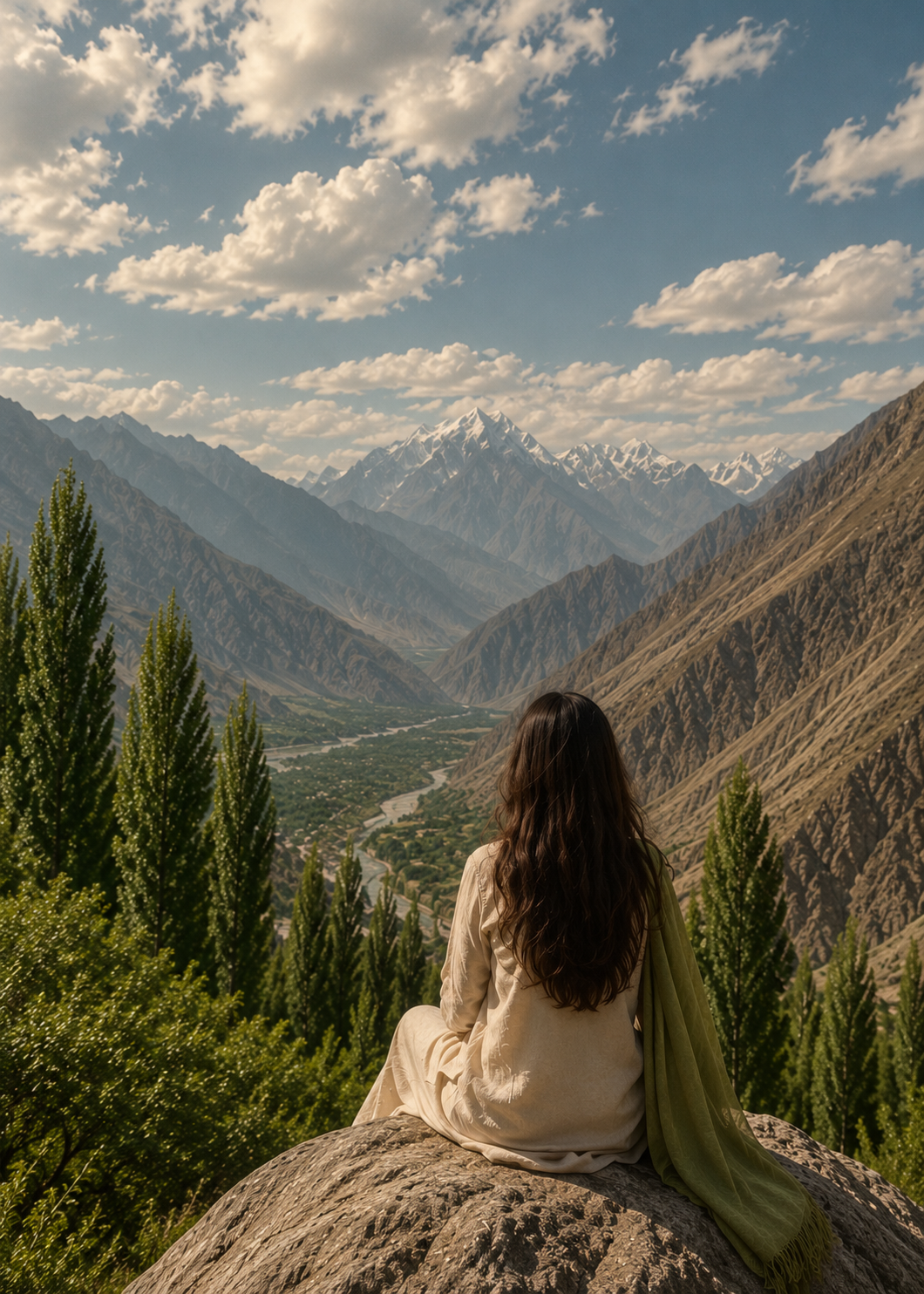 A woman with long dark hair sitting on a rock, overlooking a valley with mountains in the background and a river running through the landscape.