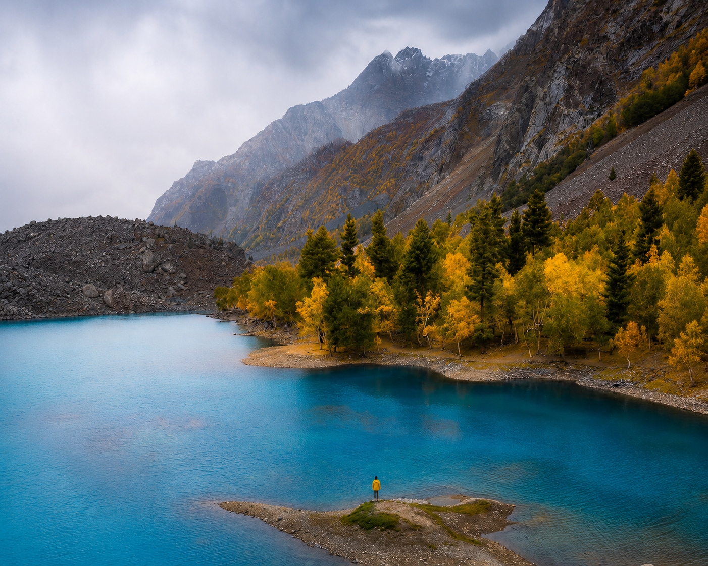 A person in a yellow jacket standing on a small peninsula in a blue lake, surrounded by autumn trees and mountains with mist and clouds overhead.
