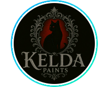 Logo for Kelda Paints featuring a black cat silhouette within an ornate frame on a black background.