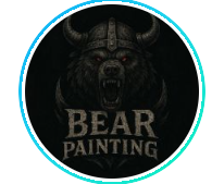 A dark circular logo with a fierce bear wearing horns, and the text 'BEAR PAINTING' underneath.