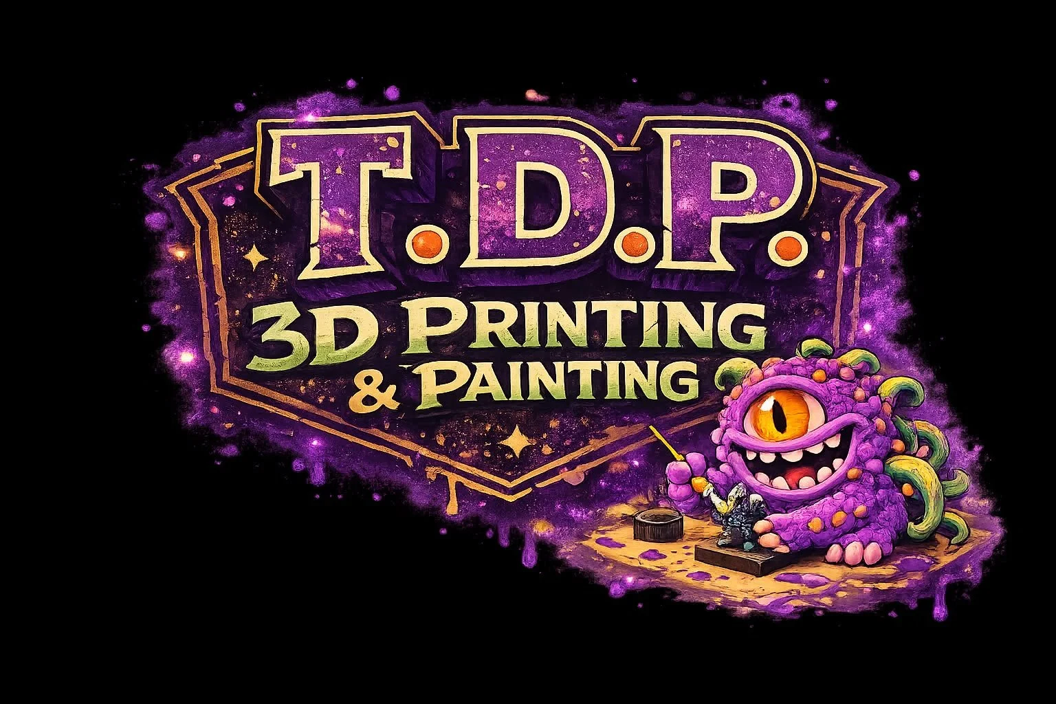 Colorful artwork promoting T.D.P. 3D printing and painting with a purple, one-eyed monster character holding a paintbrush and palette, set against a black background with purple, pink, and yellow accents.