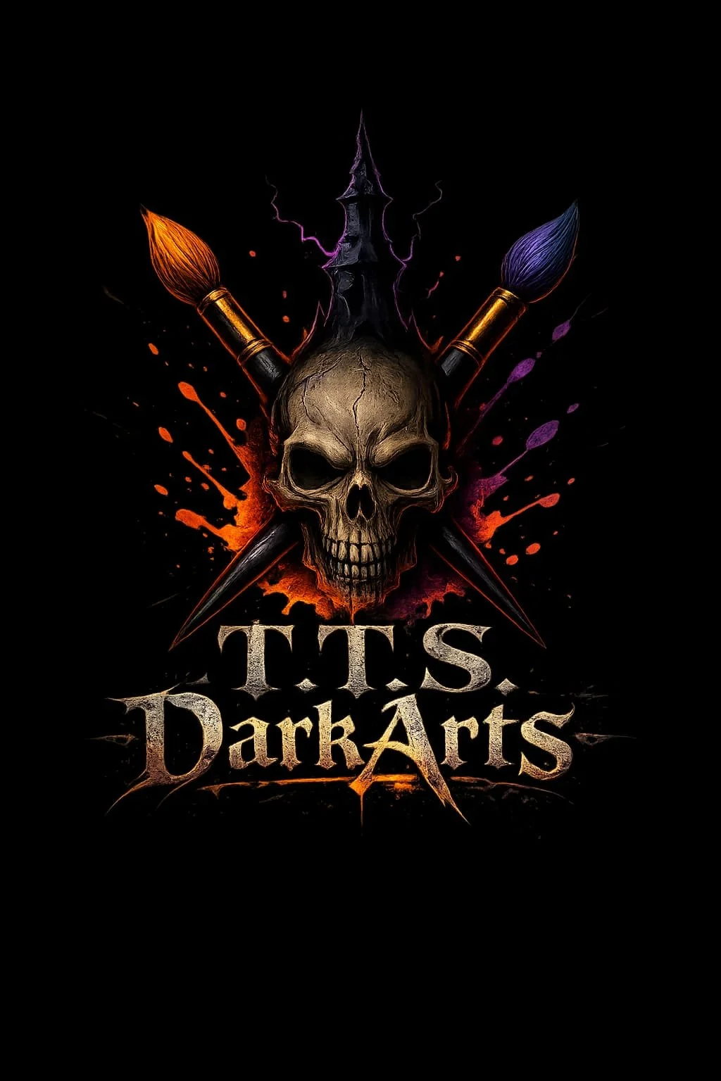 Dark fantasy artwork featuring a skull with two crossed paintbrushes, a sword protruding from the skull, and splashes of orange and purple ink. Text reads 'TTS Dark Arts' in gothic style.