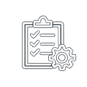 Illustration of a clipboard with checkmarks and a gear icon, representing task management or settings.