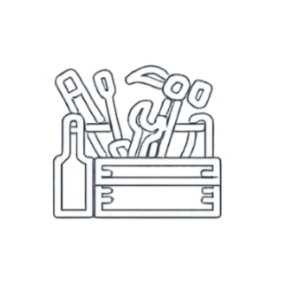 Drawing of various sewing tools in a container, including scissors, a needle, and a ruler.