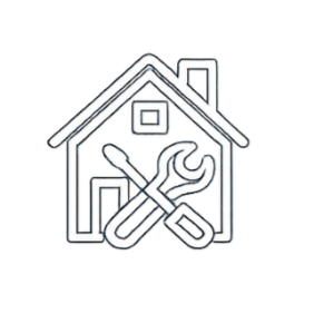 Icon of a house with a wrench and screwdriver crossed in front of it, representing home repair or maintenance.